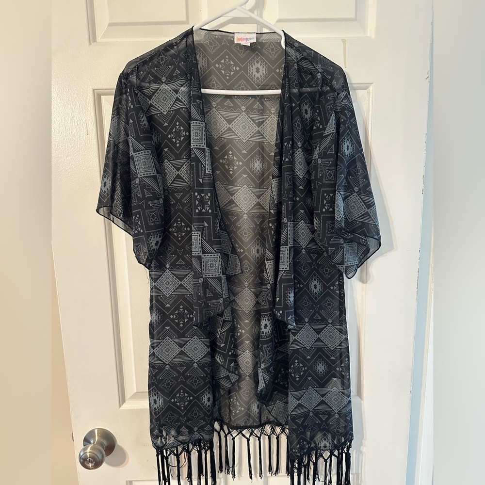 Black and Gray Sheer Kimono with Fringe